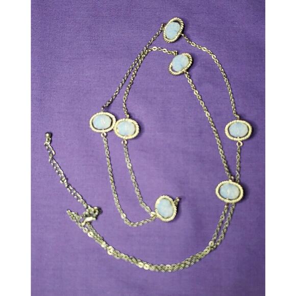 Long Yellow Gold Tone Opalescent Frosted Faceted Glass Bead Station Necklace - Picture 2 of 9